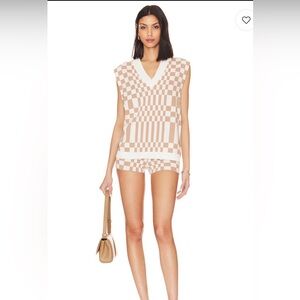 Lovers + Friends Carice Nude & White Checkered Knit Set Top is Sm/ Short is Med